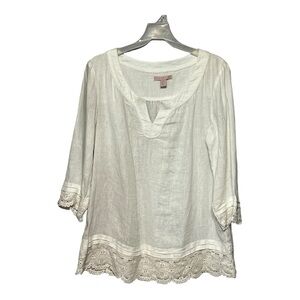 Saint Tropez West Linen Crochet Popover Top White 3/4 Sleeve V-Neck Shirt Medium